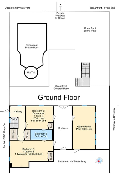 Posh Ocean Front: Huge Private Pool, Yard, Spa, Patio & Deck, BBQ, Game Room with 4 En-Suite Bathrooms