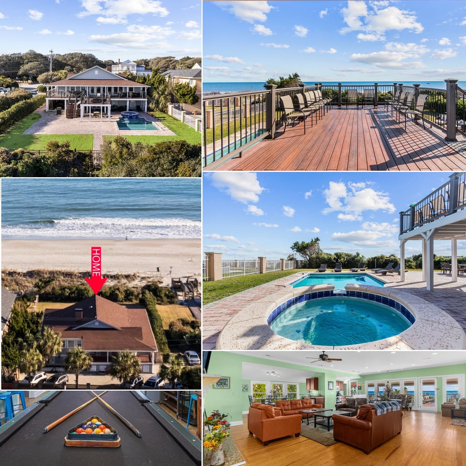 Posh Ocean Front: Huge Private Pool, Yard, Spa, Patio & Deck, BBQ, Game Room with 4 En-Suite Bathrooms - Myrtle Beach
