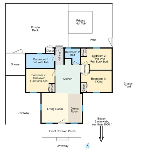 Beautiful Centrally Located Beach House w King Bed, Private Hot tub, Yard, Deck & BBQ