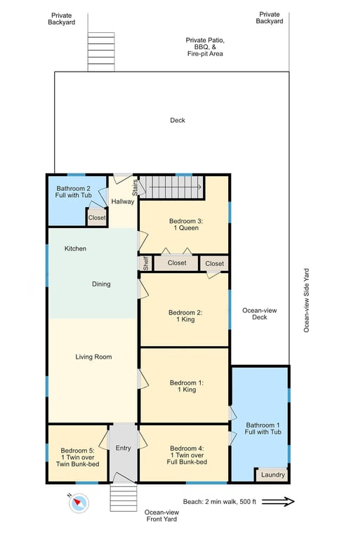 Gorgeous Centrally Located Ocean View 2 King, Huge Private Yard & Deck, Firepit, BBQ, & Game Tables