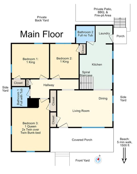 Beachy Central, Near Beach, 2 King Beds, Crib, Huge Private Yard, Patio, Porch, BBQ, & Firepit