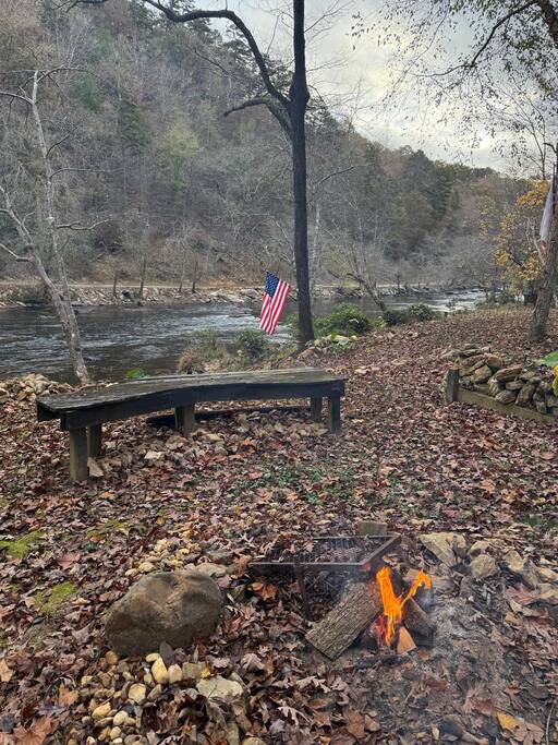 An Autumn fire on the river.... cozy up on the swings and enjoy this view!