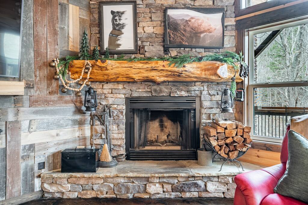Cuddle up and warm up around the wood burning fireplace - definitely one of our favorite amenities in the cabin. 