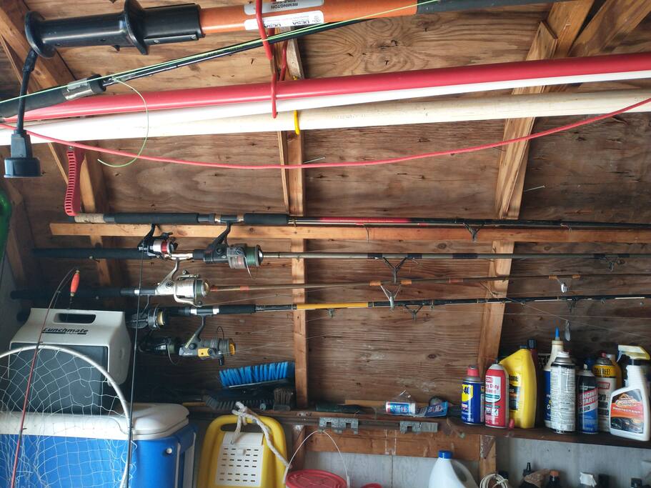 Fishing poles and gear, coolers