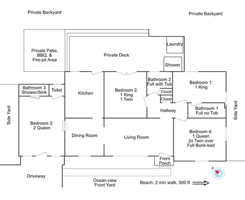 Lovely Central, Near Beach, 2 King Beds, Huge Private Yard, Deck, Patio, Firepit, & BBQ, Ocean View