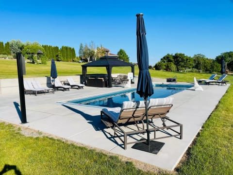 Our 40 X 16 ft fiberglass pool with heated water.