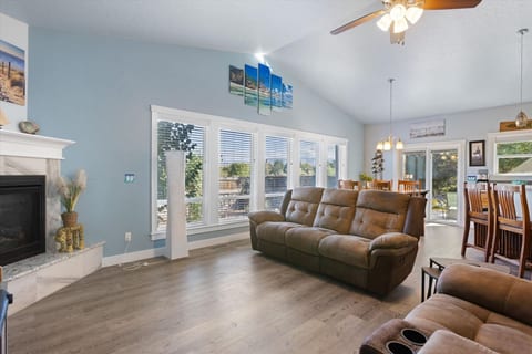cozy living room with leather couches