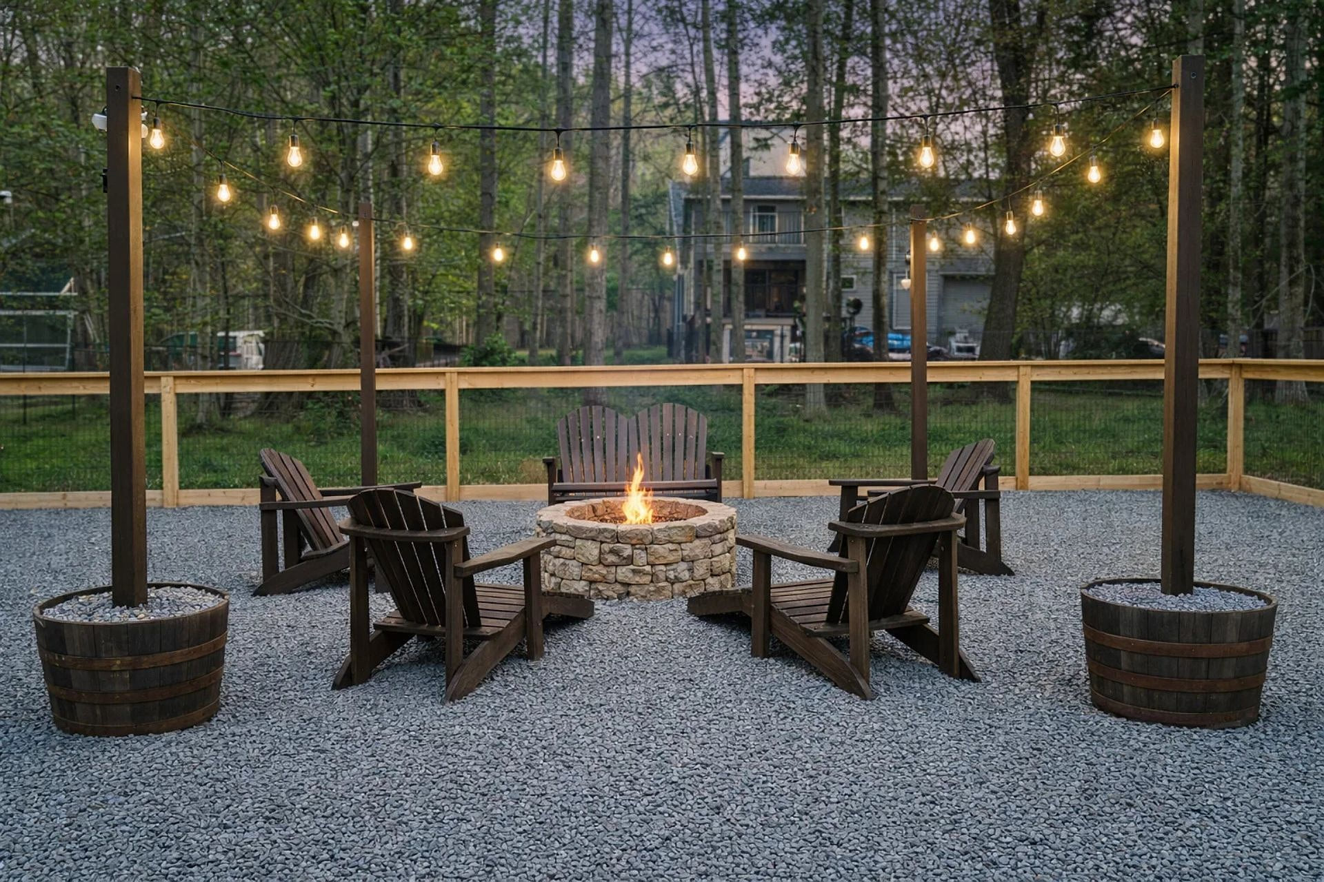 Outdoor Firepit: Gather around the fire under twinkling lights for stories and s'mores!