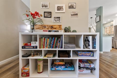 Plenty of entertainment for a fun night of activities. Behind the fireplace find a hidden nook with games, books, and more!
