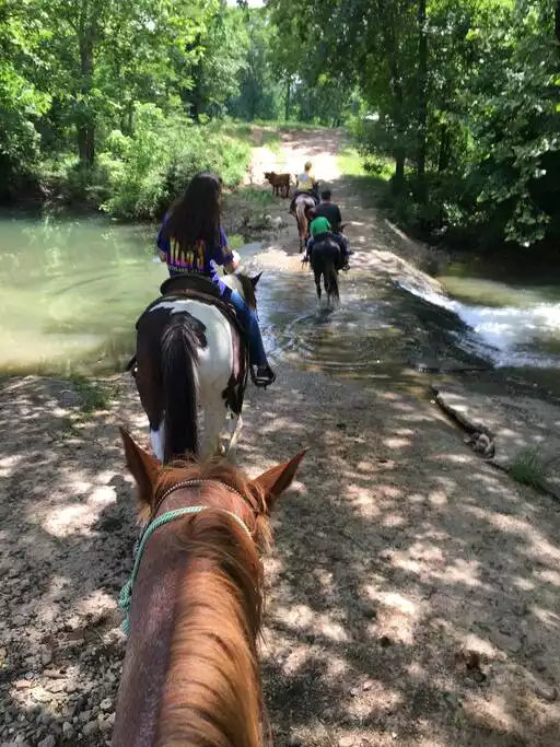 Horseback riding is quite the adventure in Broken Bow! Yes, that's us on horses and that is a cow up ahead! Riverman Trails provides a long, scenic ride way up into the mountains, back down, along the banks and through the river! - Modern, 4/3.5, hot tub, mountain/sunset views - 242 Timbuktu Trail