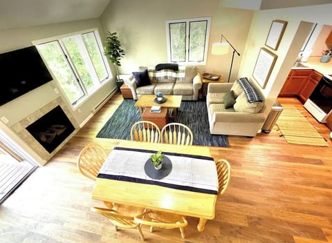 A view from the stairway down over the living/dining space