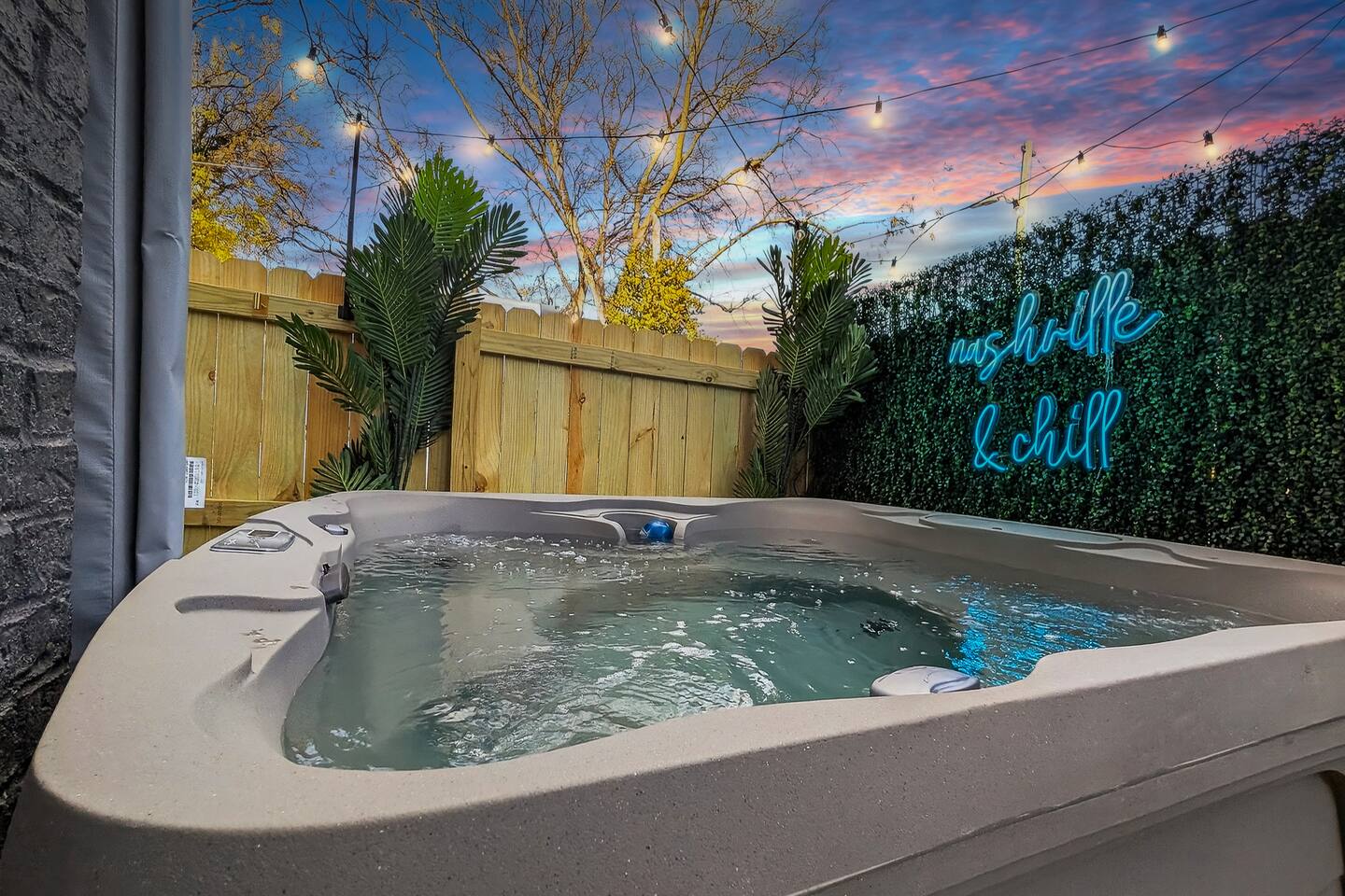 Hot Tub View | Café Lights | Tropical Landscaping
Relax in the steaming hot tub surrounded by tropical palms, string lights, and a peaceful backyard vibe — perfect for golden-hour soaks.