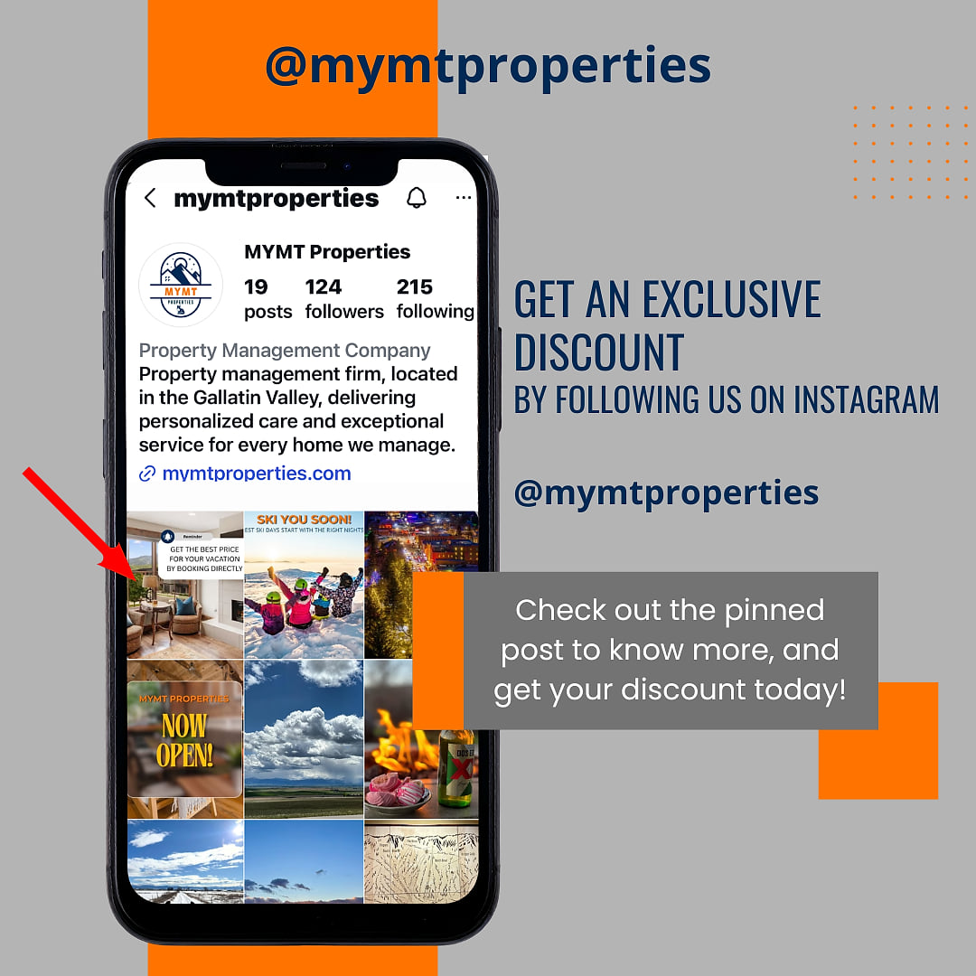 Follow @mymtproperties for exclusive stay deals and Gallatin Valley vibes.