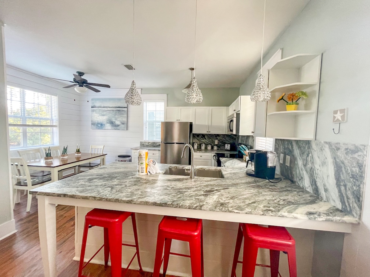 The kitchen is fully stocked with your cooking needs, and we recently upgraded our countertops