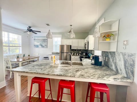 The kitchen is fully stocked with your cooking needs, and we recently upgraded our countertops