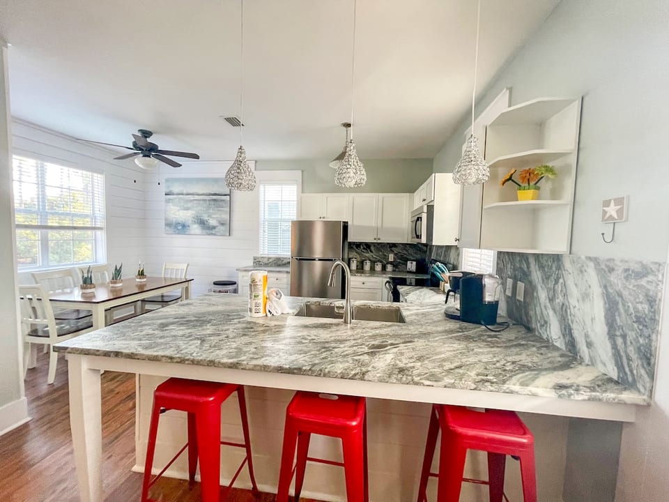 The kitchen is fully stocked with your cooking needs, and we recently upgraded our countertops