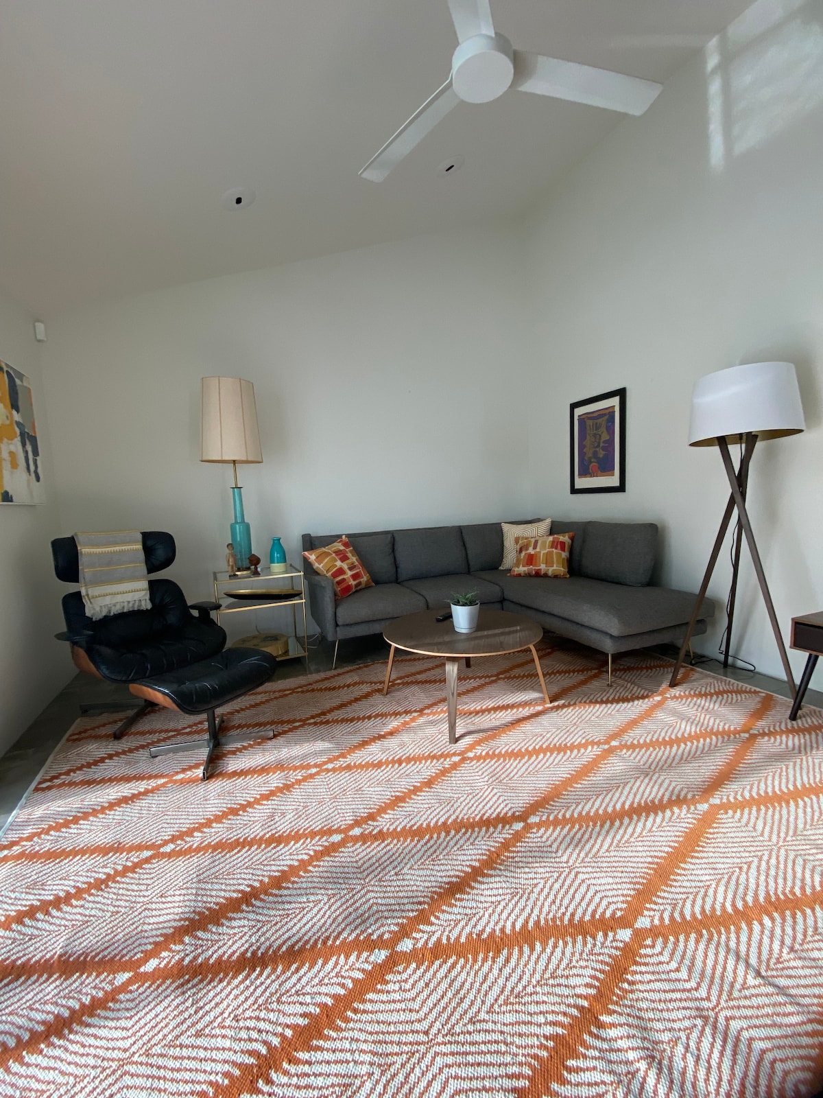 Cozy living room with pool view