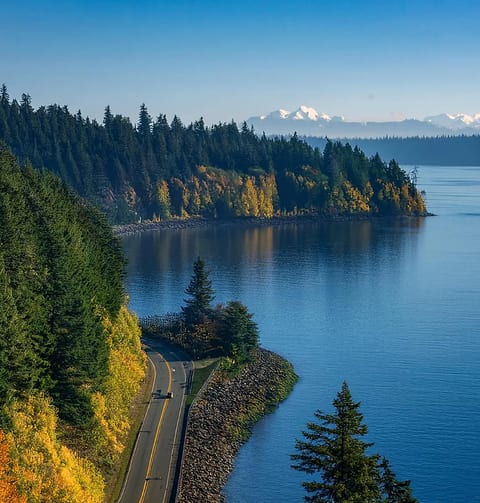 Scenic waterfront drive with forested shores and mountain views