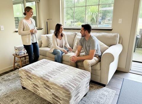 Bright living room with comfy sofa, games, and deck access.