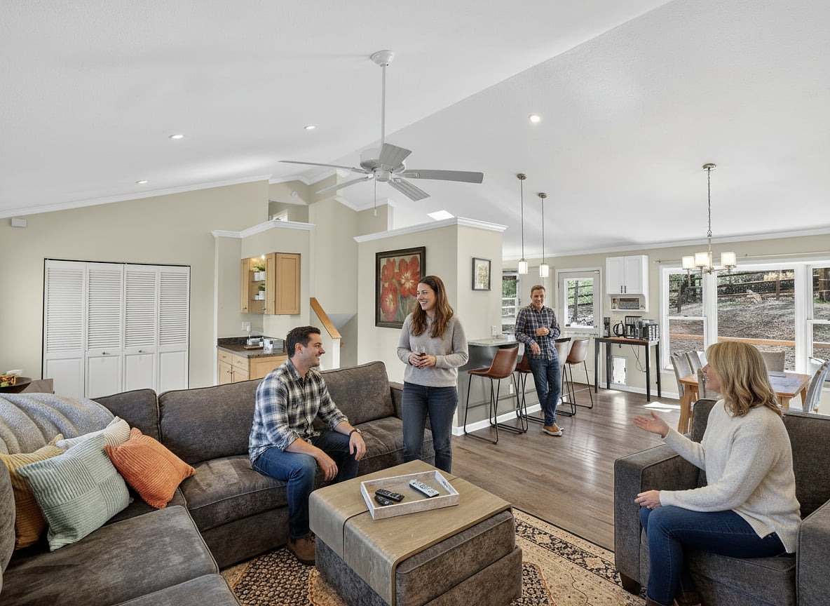 Spacious open living area with vaulted ceilings, big windows, and cozy seating
