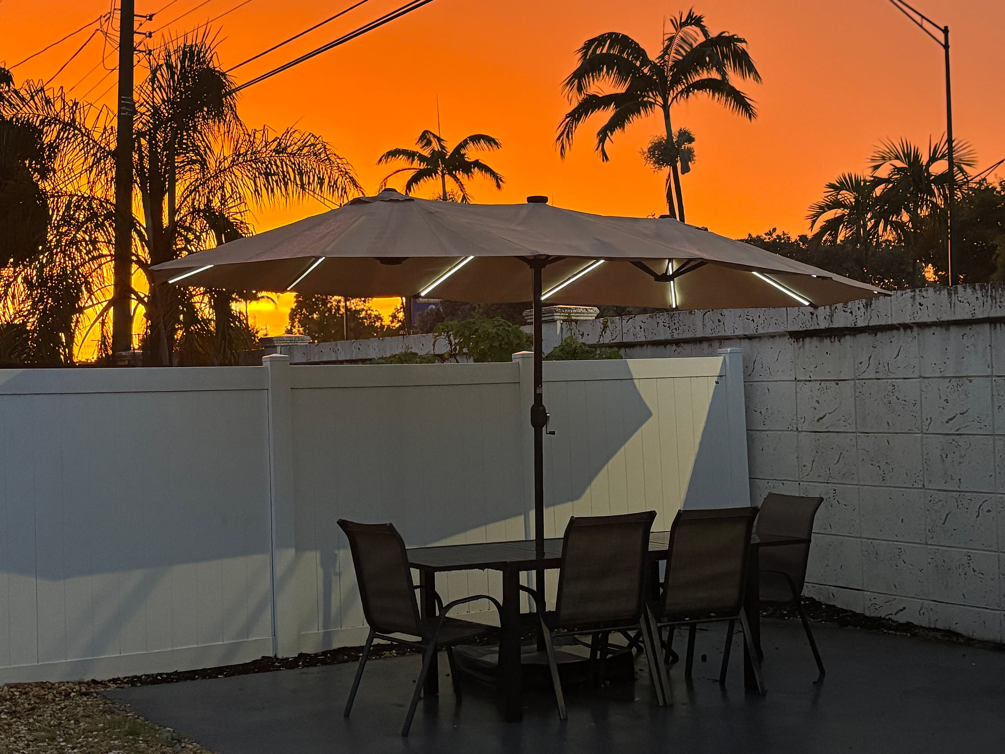 Private patio dining under palm trees with stunning sunset views