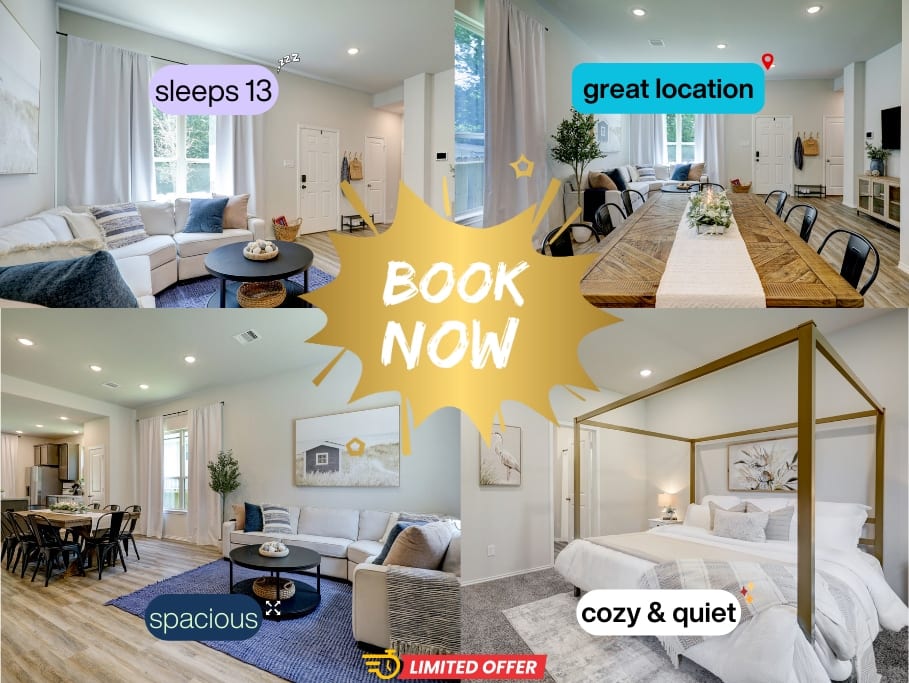 Lake Conroe Gateway offers spacious accommodations for families, sleeping 12 to 13 guests. It is cozy and provides a quiet atmosphere for a relaxing stay.