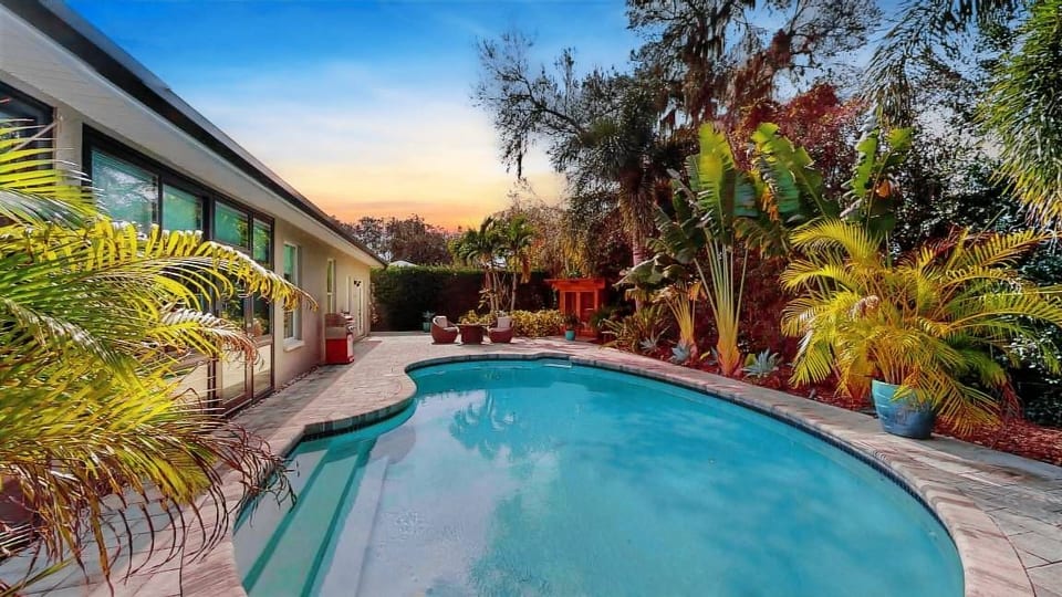Sunset-lit pool perfect for unwinding year-round