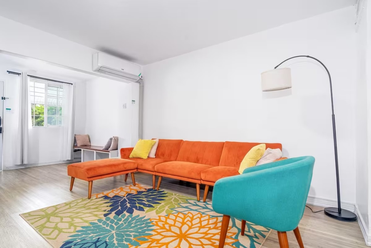 A step-free, fully furnished living room is located on the ground floor of the property.