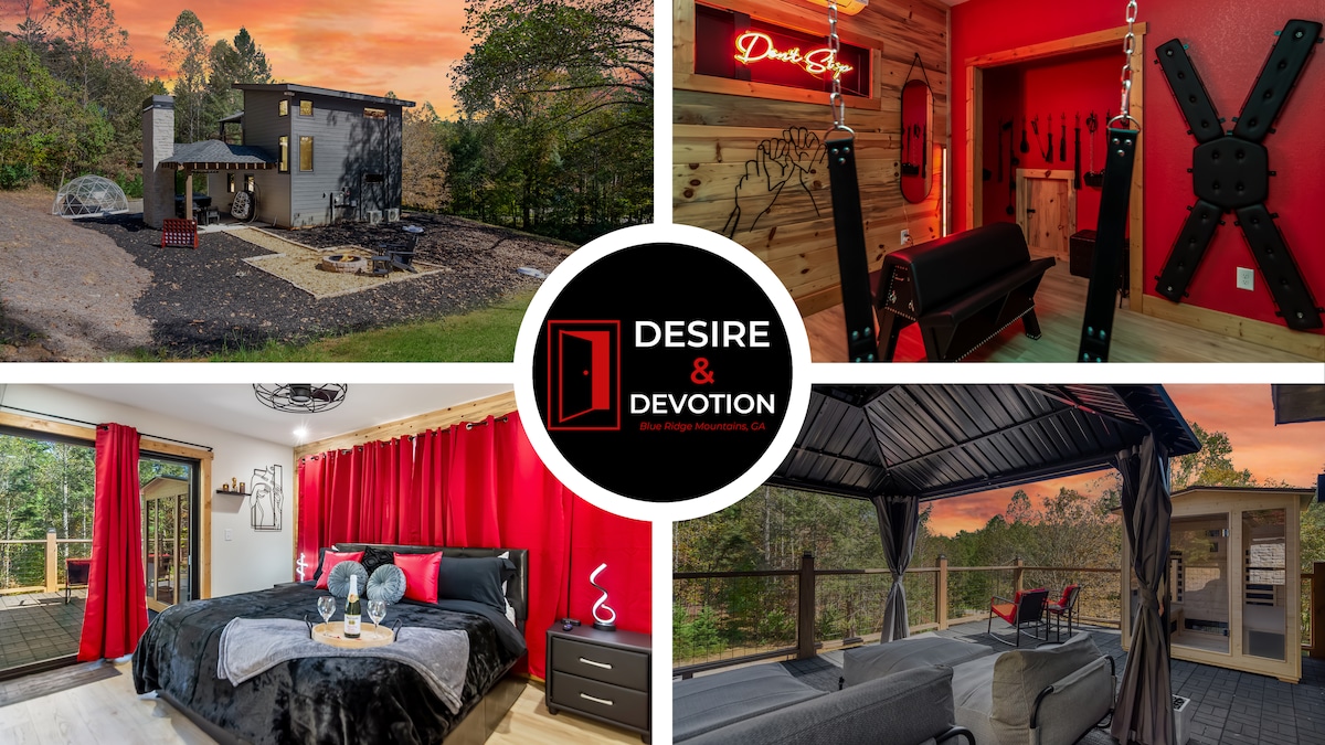 Escape to Desire & Devotion, a private couples’ retreat in the Blue Ridge Mountains. This modern hideaway blends luxury, intimacy, and total privacy with a sensual Red Room, rooftop sauna, and starlit hot tub designed for passion and connection.