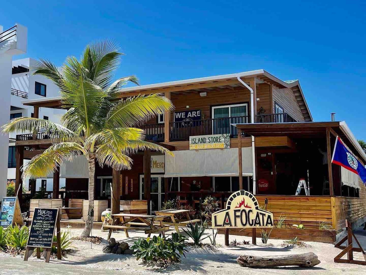 Mercado basic groceries and Fogata pizza Restaurant. 