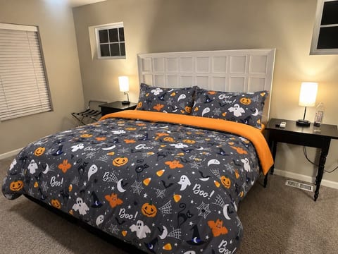 Halloween themed bedding in October and winter themed bedding December through mid-March!