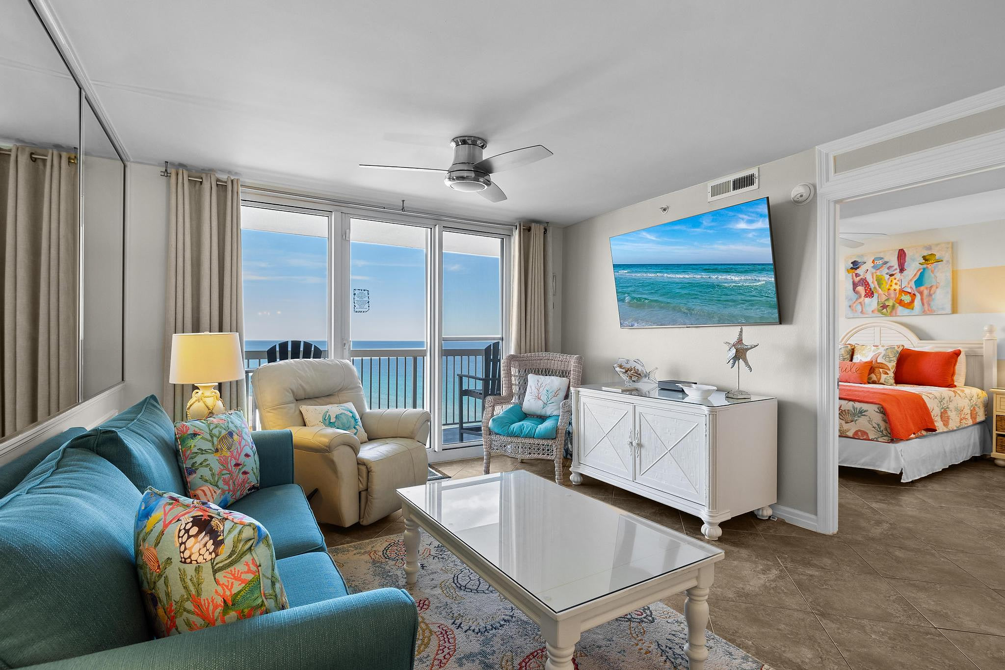 Living room with big screen smart TV