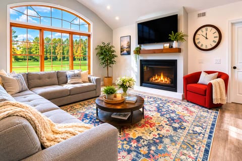 Spacious living room designed for relaxing together after a day exploring the Hudson Valley.