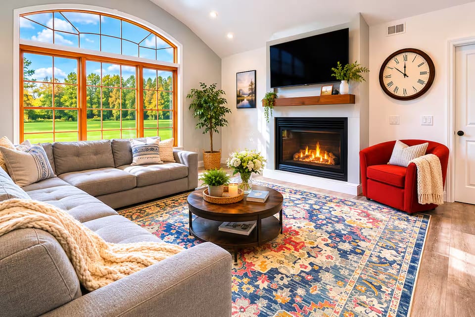 Spacious living room designed for relaxing together after a day exploring the Hudson Valley.