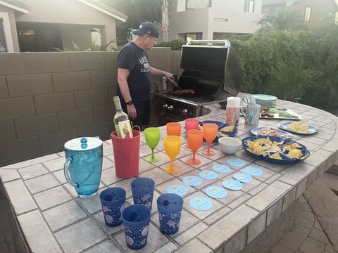 Dadio on the patio! We have everything you need to enjoy our outside space.   Pool towels , plastic glasses for the kiddos,cocktail glasses, coffee cups, plates, pool toys, we even have a little compressor to fill the toys up if they are low!
