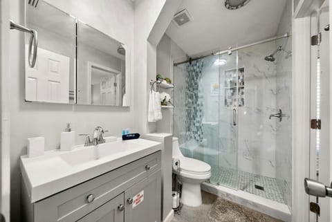 Modern ensuite bath with walk-in glass shower and fresh coastal touches