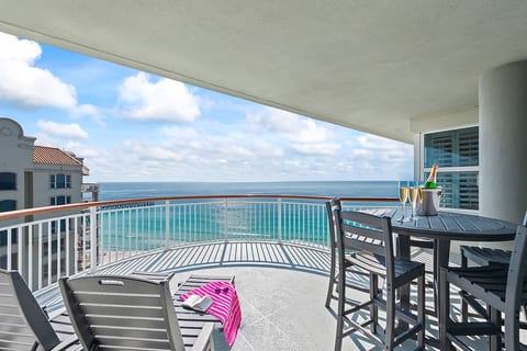 Sip a glass of wine as the gulf breeze drifts across your private terrace. With seating for four and two plush loungers, it’s the perfect spot to unwind, soak in endless ocean views, and lose yourself in a good book.