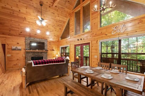 Open floor plan living room to dining space