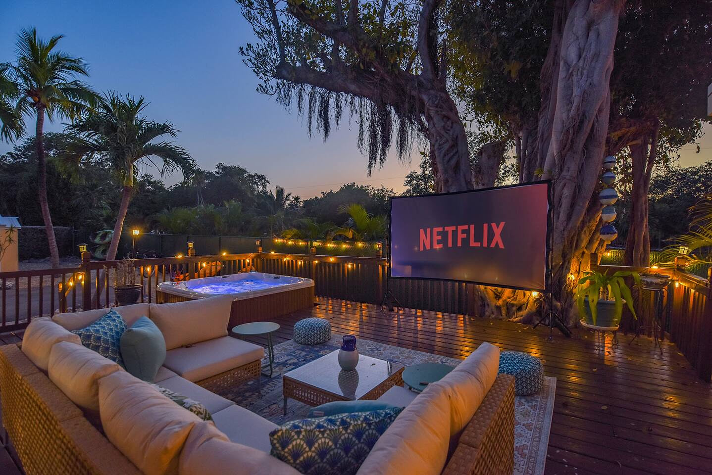 Enjoy your own private movie theater, promising cinematic magic in a serene ambiance under the stars. You can also dip into your own private hot tub and enjoy a movie, the stars and the calm & private twilight hues