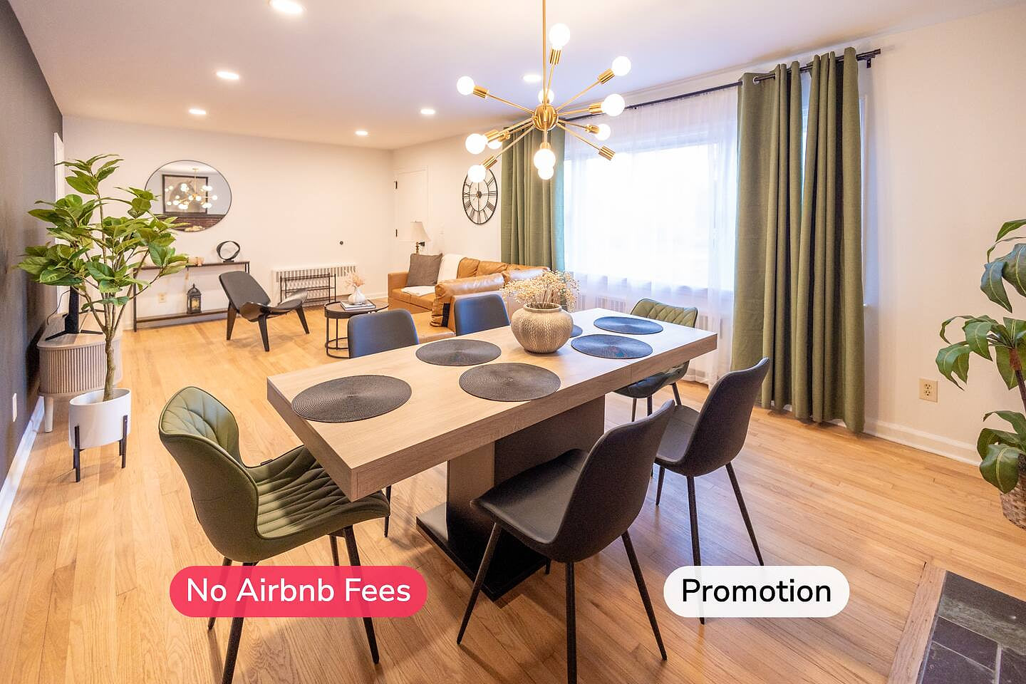 Modern dining area with a table that seats six..