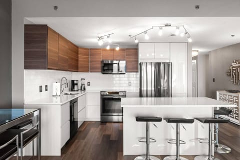 Fully equipped contemporary kitchen featuring stainless appliances and ample counter space.