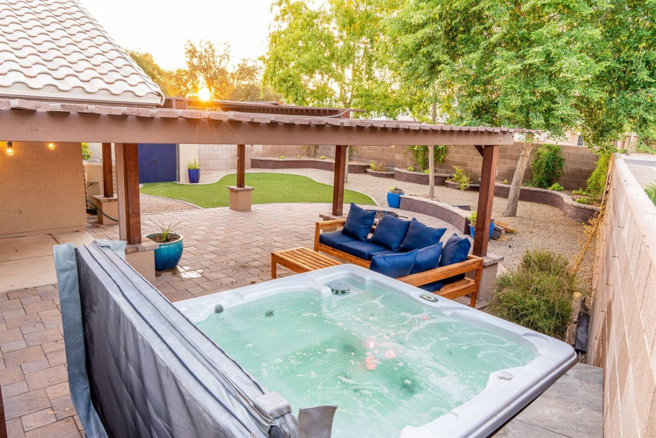 Spa and backyard