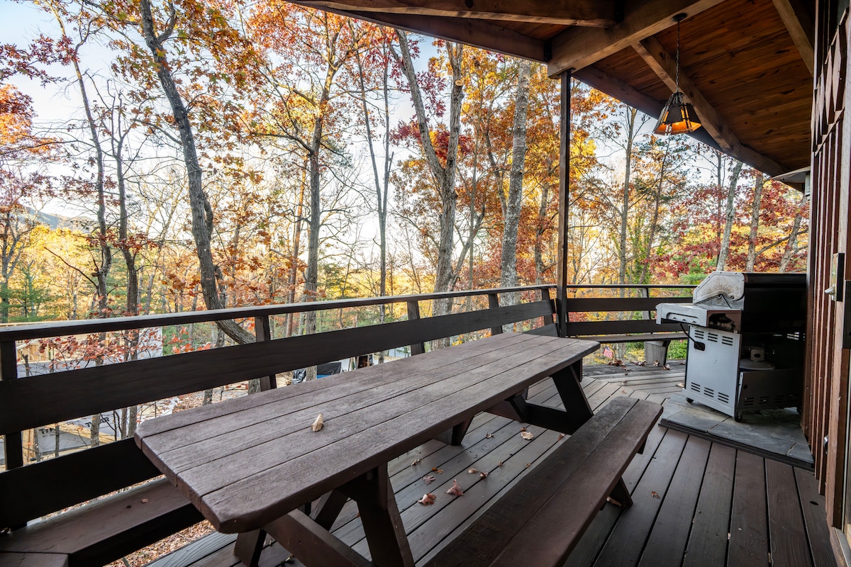 Top deck picnic table and grill with a Mountain View