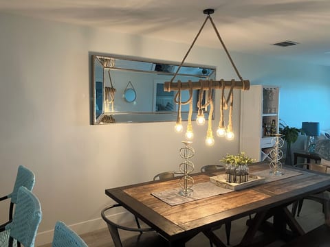 Large dining table for dinner or a family game night.