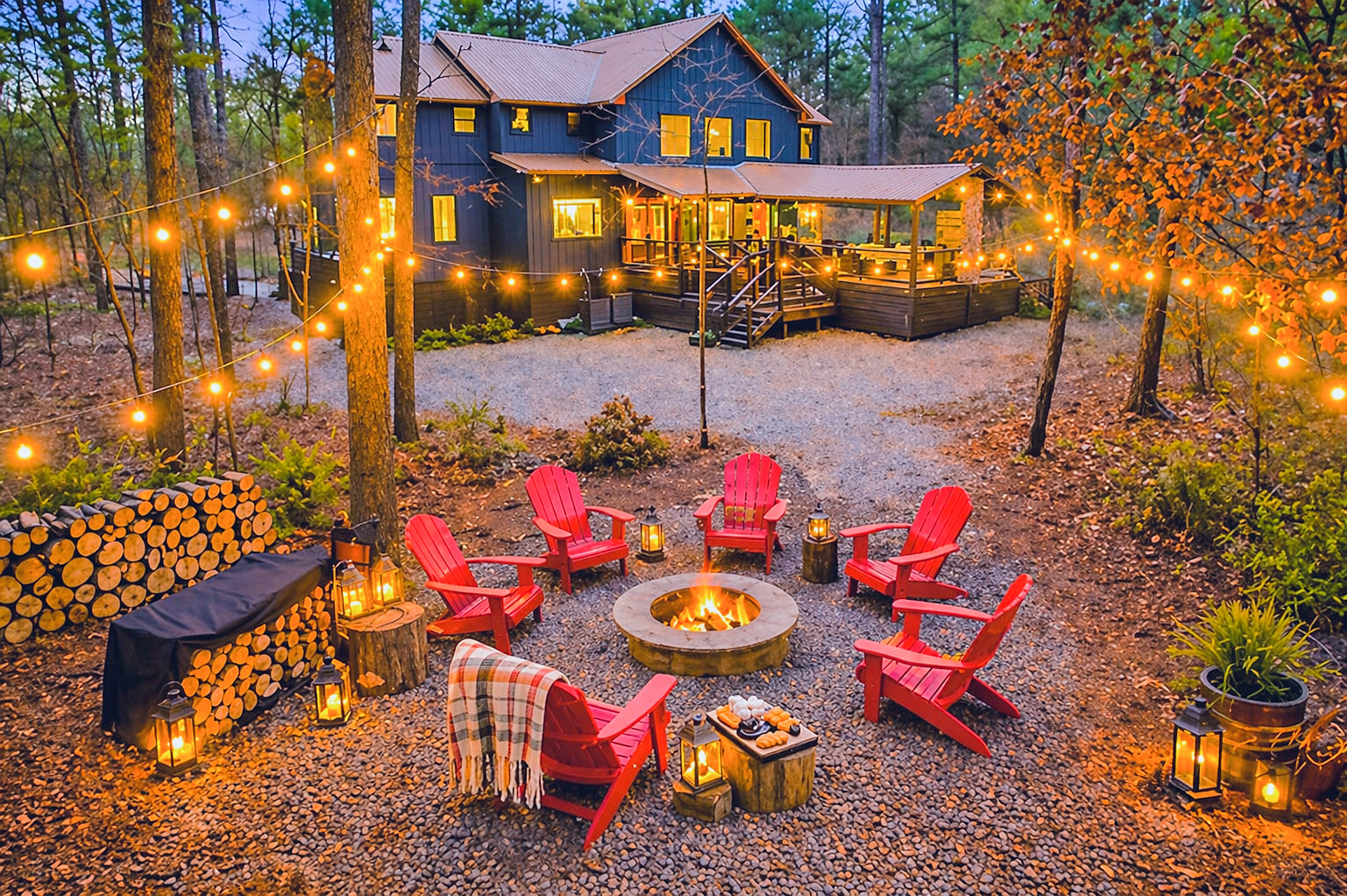 Cozy firepit nights under the string lights — guest favorite!