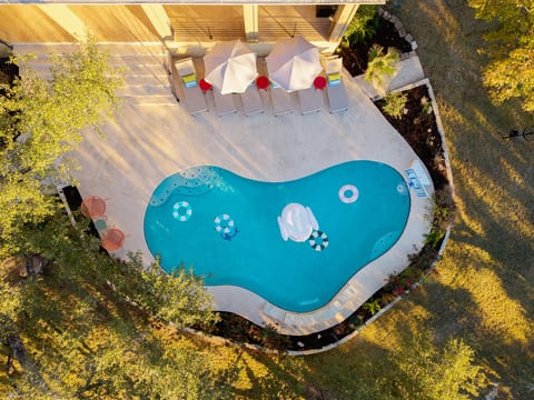 Overhead shot of the pool deck and patio.