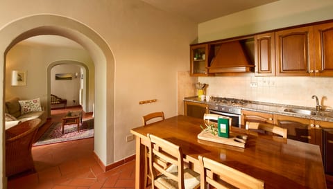 Superb kitchen with stone work top, hand built table, six chairs, dishwasher, big fridge, gas cooker, microwave, fast oven and window views over the sun terrace, olive grove and Pisa in the mid ground.