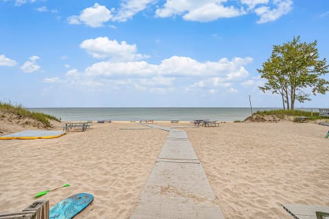 Association beach. 5 min walk.  Flat access with boardwalks. 