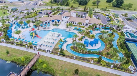 This is a bird's eye view of the main clubhouse.   It is walking distance from your resort stay. This includes water park, tennis courts, lounge areas, arcade area and so much more!