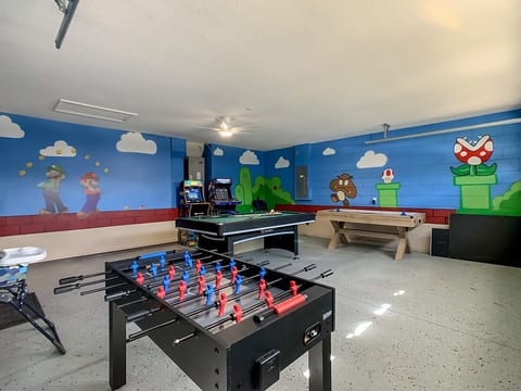 Bonus room includes full sized pool table, air hockey, foosball, and arcades!